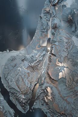  An abstract map where the land is rendered like a circuit board: rivers become silver traces, mountains are textured panels. Cool metallic palette, logical and precise.