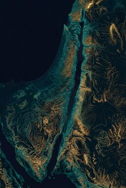  A terrain map where elevation lines faintly glow against a dark background — each contour illuminated like a heatmap but in elegant golds and teals. Topography pops vividly without losing realism.