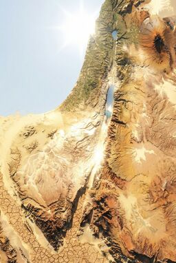  A dry, rugged desert render — cracked earth textures, razor-sharp rocky ridges, bright glare over sand flats — ancient Israel’s deserts rendered with gritty realism and powerful starkness, and the grasslands contrasting with them.