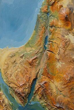  A map where mountain ridges build up rough, crusty edges of layered dried paint — highlands literally rising above the smoother lowlands — a dramatic, sculptural surface.