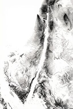  A pointillist-style modern map where terrain height is represented by the density and size of tiny black dots. Mountains cluster with heavy points, deserts are sparse fields. Minimal yet analytic and artistic.