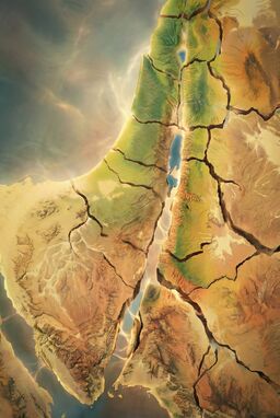  A conceptual map where the landmass is subtly broken into floating, slightly separated blocks, showing slight gaps where different terrains meet: coastal plan, Shephelah, hill country, rift valley, and Transjordan. Still unified, but with light tension and movement.