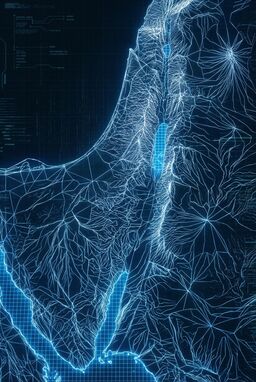  A futuristic wireframe map of ancient Israel — like a 3D modeling view — with elevation lines forming a geometric net across the land. Sharp, angular, hyper-modern but map-true.