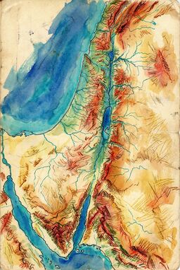  A casual, sketchy map where rivers and mountain ranges are loose hand-drawn squiggles and zigzags — colorful and organic, looking like a vibrant field notebook from a wandering explorer. Use color liberally.