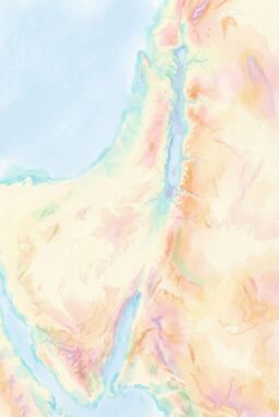  A map where terrain edges (coastlines, valley rims, desert margins) are softly tinted in color blushes — like delicate pastel smudges — creating a soft luminous structure across the otherwise clean landmass.