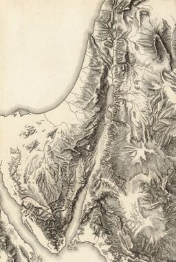  A map drawn like an 18th-century scientific engraving—ultra-fine black ink lines forming precise hills and valleys, crosshatching for depth, clear coastline lines. Detailed but clean.