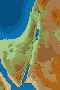  A map using wide, flat contour bands — each elevation range a single color band — stacked like cut paper shapes — terrain simplified into horizontal slices of bold tone.