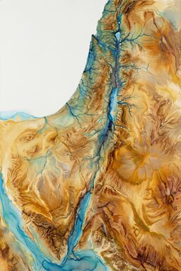  A map where rivers, hills, and valleys are painted in loose, fluid acrylic or ink flows. Abstract and expressive, but the topography subtly emerges from the brushwork and color layering. The coloring should match the landcover; the desert areas should especially be desert-colored.