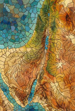  A map where terrain is divided into irregular organic "shards," like cracked glass or dried mud, each filled with a different hue — warm desert colors, cool coastal tones — hinting at surface differences.