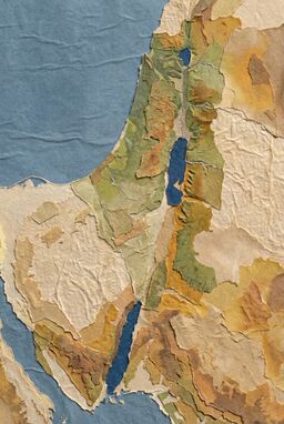  A collage-style map where different terrain types are represented with slightly different paper textures and subtle torn edges, pieced together into the shape of ancient Israel. Elegant, layered, tactile.