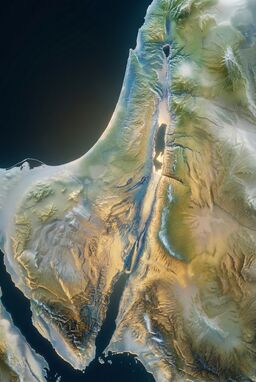  A luminous, translucent map where rivers, valleys, and hills are formed by stacked layers of frosted and clear glass — glowing softly, changing with the angle of light — terrain made liquid and luminous.