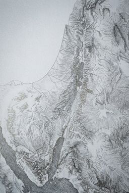  A sleek, metallic-toned map drawn in graphite — ultra-fine shimmering lines tracing valleys and ridges — giving the land a subtle, almost mechanical precision with a hand-drawn soul.