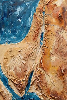  A brutal, expressive map where thick, sandy paint is dragged roughly across the canvas — ridges tearing upward, valleys scraped into wide broken flows — the land as a record of struggle.