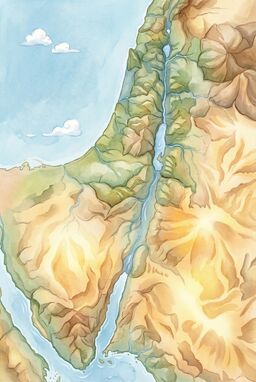  A watercolor-textured map where hills puff up like cushions, rivers weave like soft blue ribbons, deserts glow golden — soft outlines, gentle shadows — fitting for an animated fairytale opening scene.