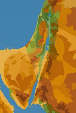  A map where all terrain forms are rendered with sharp, perfect-edged color shapes — deserts, valleys, rivers, coasts — highly geometric, no gradients, just layered flat fields of color arranged into the real land.