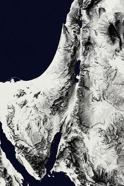  A stark black-and-white relief map — no unnecessary shading — just sharply rendered valleys and ridges, relying on shadow play for topographic depth. Looks like a high-end art print more than a traditional map. Use color sparingly to indicate water. Add additional naturalistic color.