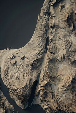 A map where mountains and valleys are sharply etched with high-contrast shading — ridges pop forward, valleys plunge back — giving the land a sculpted, almost carved-stone feel.