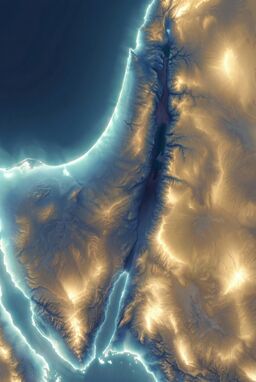  A light-focused map where hills catch faint horizon glows, valleys sink into cooling shades, coastlines shimmer like distant mirages — geography built from gradients of luminosity rather than drawn elevation.