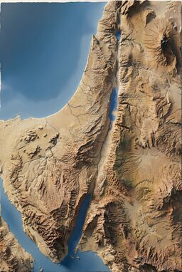  A map where the mountains, valleys, and rivers of ancient Israel are sculpted almost photographically — extreme attention to light, shadow, surface textures like rock, sand, and soil. Feels tangible, touchable.