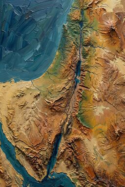  A map where rivers and mountains are built from thick, heavy paint strokes — palette knife ridges forming mountains, deep brush-grooves cutting river valleys — terrain sculpted in vivid peaks and furrows.