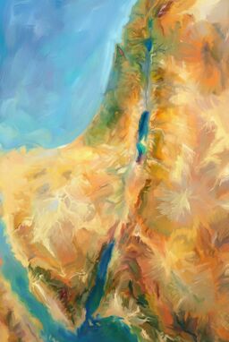  A painterly map of ancient Israel with loose impressionist brushstrokes—coastlines slightly softened, hills suggested with light and color, not hard lines. Luminous and organic but recognizable as a map.