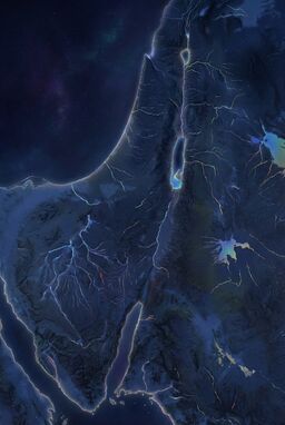  A night-sky themed terrain map where rivers and coastlines faintly glow with shifting iridescence against a deep navy landmass. Feels luminous but quiet, blending geography and atmosphere.