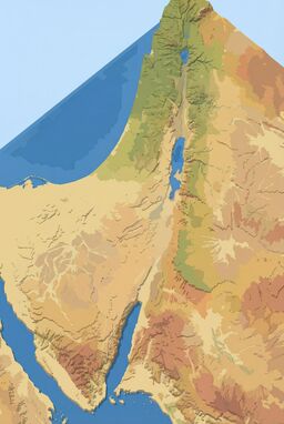  Isometric view of a satellite view of the geography and landcover of all of Israel. Don't include any human features like roads, cities, or agriculture. Just show the natural landscape. Make the colors look like a realistic satellite photo, but also make it look like a videogame isometric style. Don't go for too much detail.