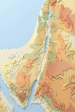  A map rendered like layers of cut paper or topographic relief sculpture. Soft shadows, pastel tones, clean edge separations for hills, valleys, sea, and plains. No borders or labels—just the layered land itself.