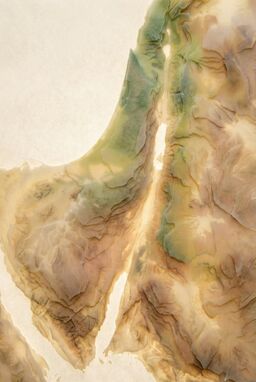  A terrain map where each elevation zone looks like a thin translucent vellum layer stacked atop the next, creating a delicate topographic sculpture in soft colors that preserve the landcover.