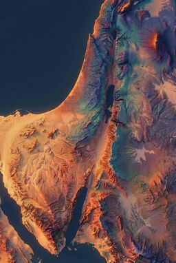  A color-based terrain map where warm colors flood sunlit slopes and cool colors fill shadowed valleys — simulating how real light and atmosphere would shape perception.