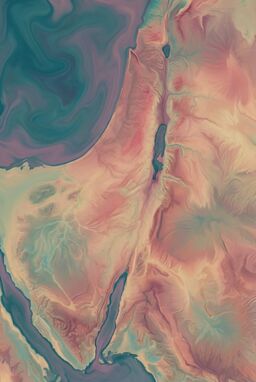  A smooth, undulating terrain map where color transitions are liquid and organic — modern chromatic blends (teal–mauve–sand–rose) that breathe across the landforms, with contour shifts implied by flow rather than line. Maintain landform features as much as practical, especially Mount Carmel, the Dead Sea, and the Sea of Galilee.