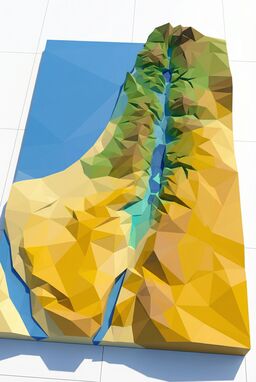  A stylized low-polygon map of ancient Israel — mountains and valleys built from sharp triangular facets. Bright light and simple color blocking. Like a clean 3D modeling environment.
