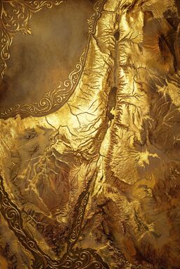  A naturalistic map where features are picked out with a thin layer of shimmering gold leaf texture. Elegant, maximalist, and a little over-the-top, but still recognizable as a map.