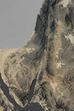  A highly detailed texture-focused map emphasizing microterrain—small ridges, valleys, riverbeds—captured almost photographically, but with a consistent minimalist palette (like grays and muted ochres).