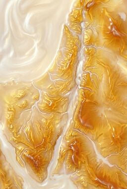  A soft, glowing map where rivers shimmer like flowing milk and valleys ripple like golden honey — rich, smooth, abundant textures spreading across fertile plains and soft rolling hills. Be sure to retain the physical features to the extent possible.