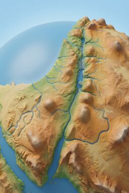  A rounded, slightly isometric map where ancient Israel looks like a floating mini-globe — hills pop up in bubbles, rivers arc around them — like a cute handheld model of the real terrain.