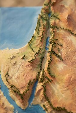  A 3D isometric miniature of ancient Israel, where the land looks like it’s carved from clay or foam, hand-painted textures, and tiny realistic trees along ridgelines. Slight depth of field for a "real model" feel.