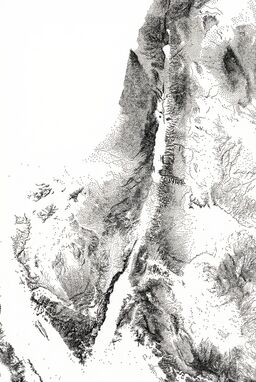  A modernist map where terrain is expressed purely by the density and arrangement of tiny dots — more dots for higher elevation, sparse dots for plains, clusters for river valleys — crisp and stylish.