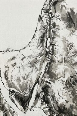  A contemporary art map using only bold, sweeping ink brushstrokes to suggest mountains and rivers. Almost abstract but with enough form to recognize the coastline and major terrain features.