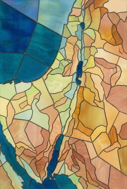  A flat geometric map where rivers, plains, and mountains are divided into bold "panes" of soft translucent color, like an abstract stained glass window of the land.