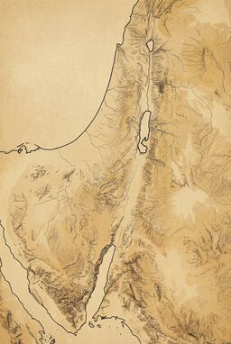  A clean, minimalist topographic map of ancient Israel in tan sand tones and black ink lines. No labels—just contours, coastlines, and subtle elevation shifts. Evokes the serenity and mystery of ancient landscapes.