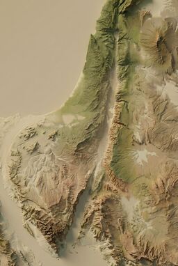  A restrained 3D render using muted earth tones — olive greens, warm browns, pale sands — precise ridges and valleys shaped by light and shadow rather than intense color — subtle and sophisticated.