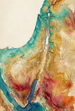  A stylized ink-and-wash terrain map — fine black ink outlines the major forms, but wild, vibrant splashes of watercolor (turquoise, gold, crimson) flow across the land, hinting at climate and vegetation zones.