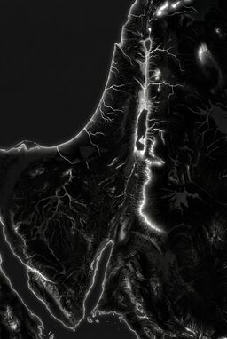  A traditional terrain map style but inverted—white rivers and coasts on black land, mountains glowing with soft white edges. Striking negative-space look while keeping full landform detail.