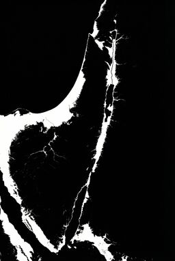  A map built from just a few sharply defined black-and-white shapes — coastlines crisp, river valleys thin cuts through wide open fields — stark, commanding, high-impact.