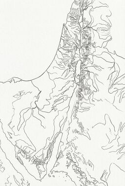  A single unbroken black line flows across the whole map, spiraling and folding to sketch out the terrain. Elegant, abstract, but still clearly showing mountains, rivers, and coastline shapes.