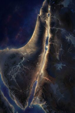  A map where the land isn't drawn directly, but emerges from empty space — rivers and valleys ghost into being where light and color thin out, creating presence through absence.