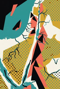  A playful but sophisticated map where geometric shapes — squiggles for rivers, bold triangles for mountains, polka-dot deserts — are overlaid with mid-century-modern color pops (mustard, teal, coral, black) against a clean field.