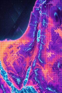  A wild, stylized 1980s synthwave version — grid-patterned deserts, neon pink coastlines, purple mountains, shimmering electric-blue rivers — ultra-retro-futuristic but map-true underneath.