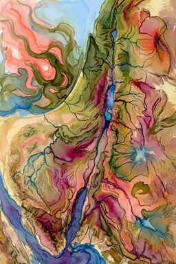  A surreal, slightly AI-generated look — hills and valleys morph slightly beyond strict realism, feeling half-sketched, half-imagined — colors bloom unpredictably (corals, olives, magentas) in a dreamlike but grounded echo of the real land.